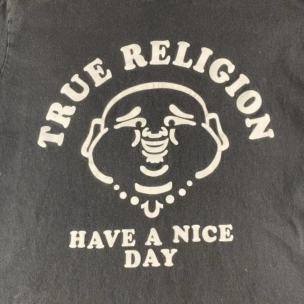 True Religion T-Shirt Mens Medium Black Short Sleeve Have A Nice Day Logo TEAR